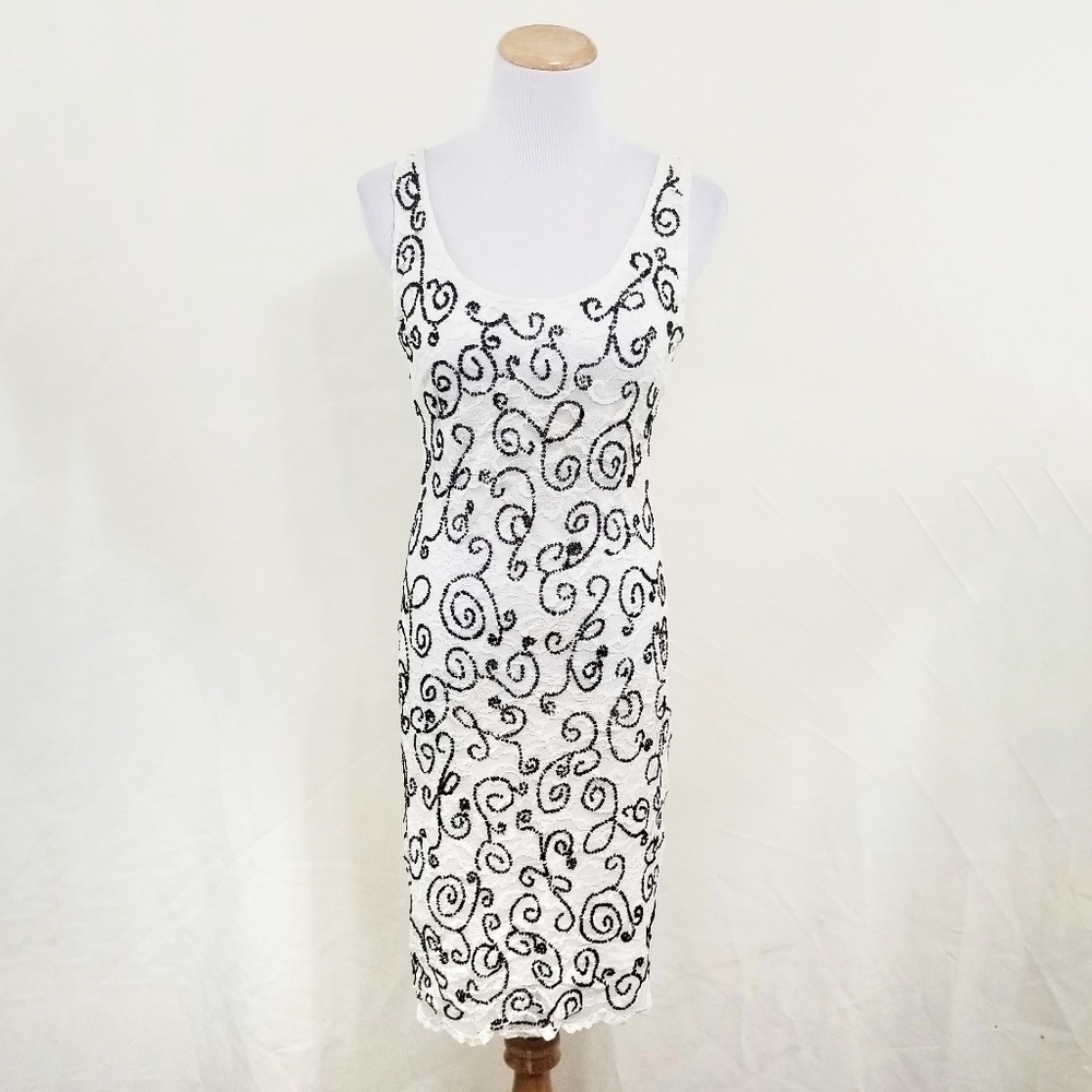 Alexia Admor Caviar Sheath Dress Ivory Lace Beaded Black Swirls Women's Medium M